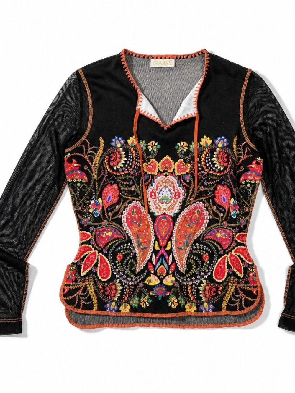 Vintage Y2K 2000s Caché Mesh Graphic Print Top Art to Wear Size Small